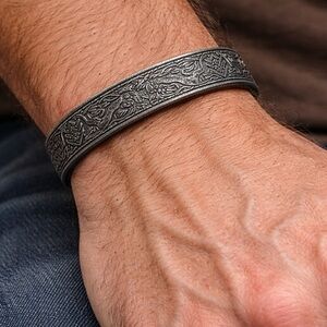 Black Stainless Steel Nordic Viking Bracelet Open Cuff Man Gift  Free wooden box
